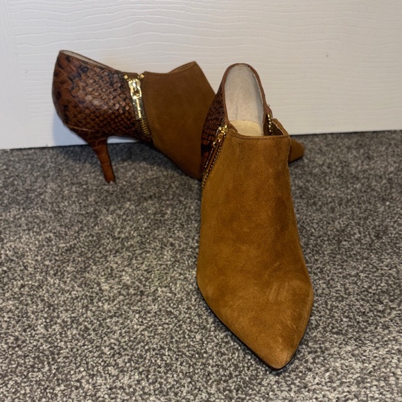 Michael Kors Shoes - Michael Kors Chestnut Suede Pointed Toe Ankle Booties w/ Snakeskin Heel size 6M